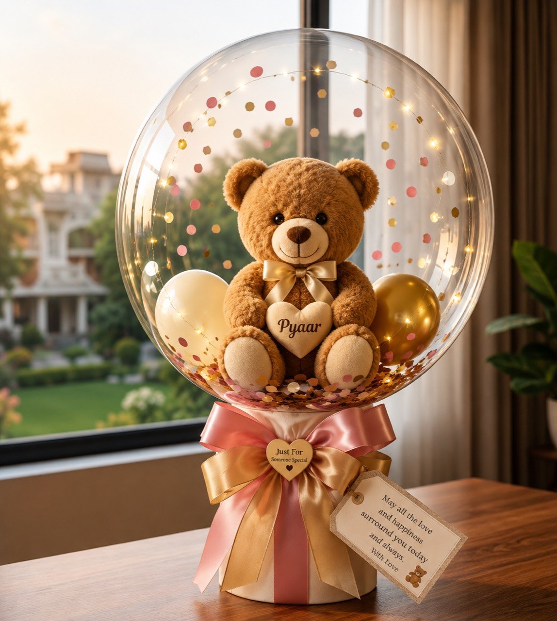A BOBO stuffed balloon gift hamper with a teddy bear inside a clear bubble balloon, from the BOBO Balloon Masterclass
