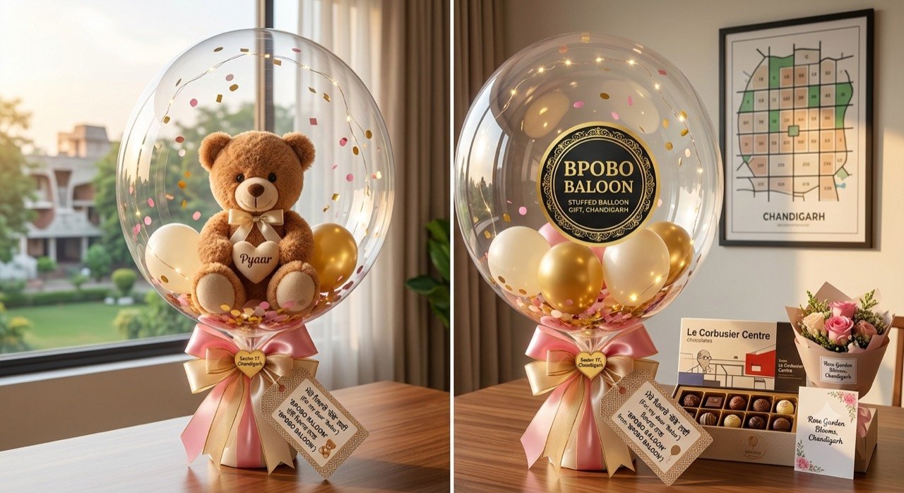 Premium BOBO stuffed balloon gift hampers — a teddy bear inside a clear bubble balloon with confetti, ribbons and gift add-ons, from the BOBO Balloon Masterclass