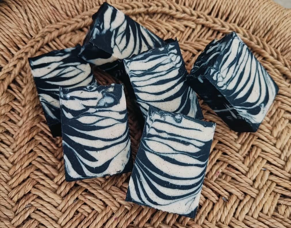 Black-and-white zebra-swirl cold process soap bars from the 24-Hr Faster Curing Cold Process Soap Workshop
