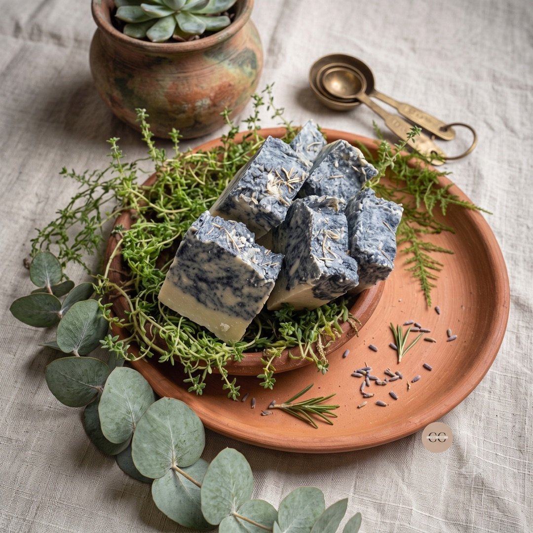 Rustic handmade hot process soap bars made with clays and herbs, from the Hot Process Soap Masterclass