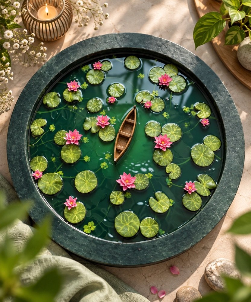 Lotus pond resin art with clay lotus flowers and leaves over a water-effect background, from the Lotus Pond Resin Art Masterclass