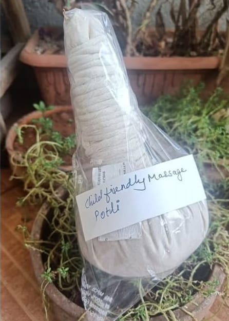 Massage potli tied and shaped, ready to heat