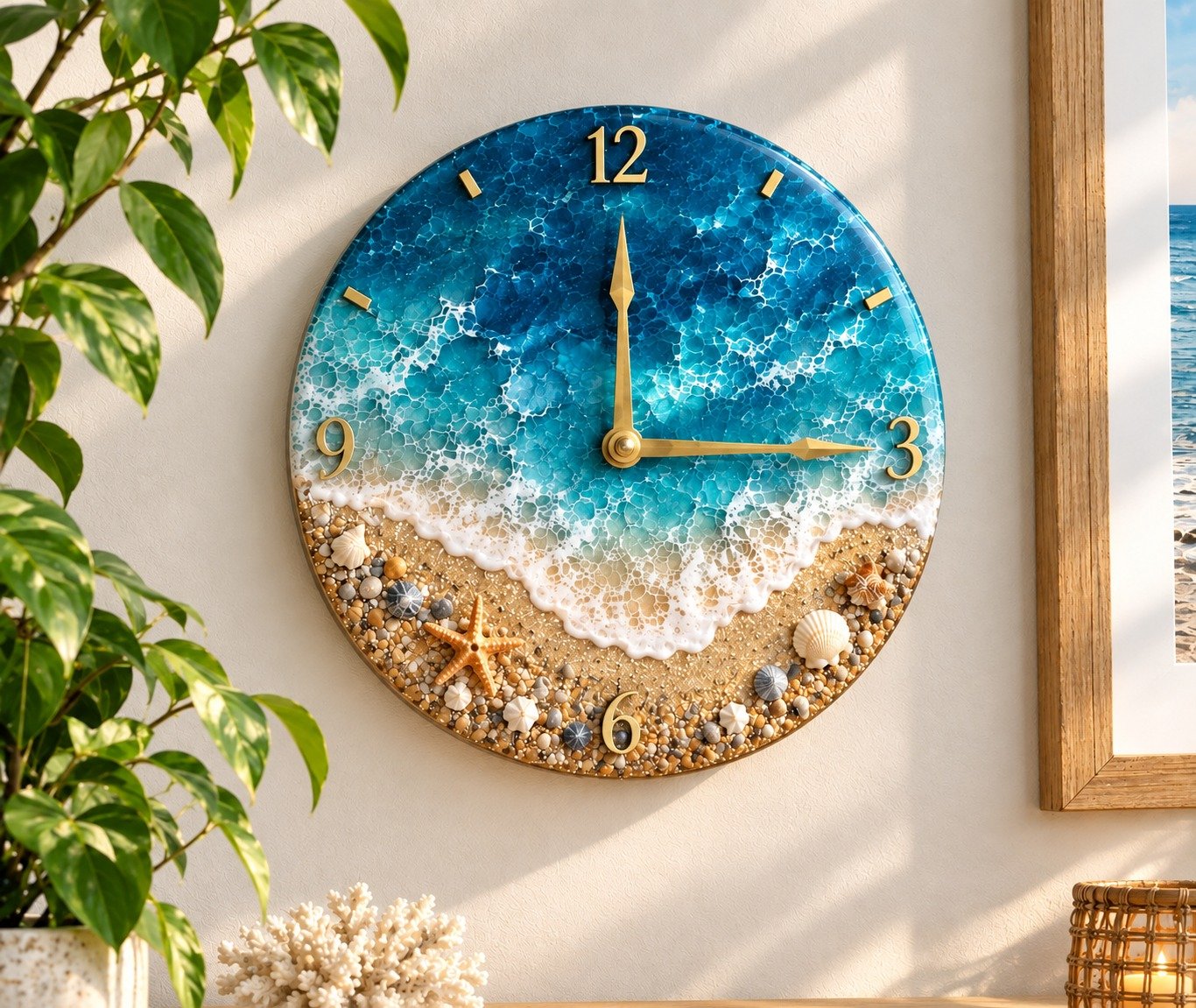 Ocean pour resin art with realistic blue waves, sand and shells, from the Ocean Pour Resin Art Masterclass